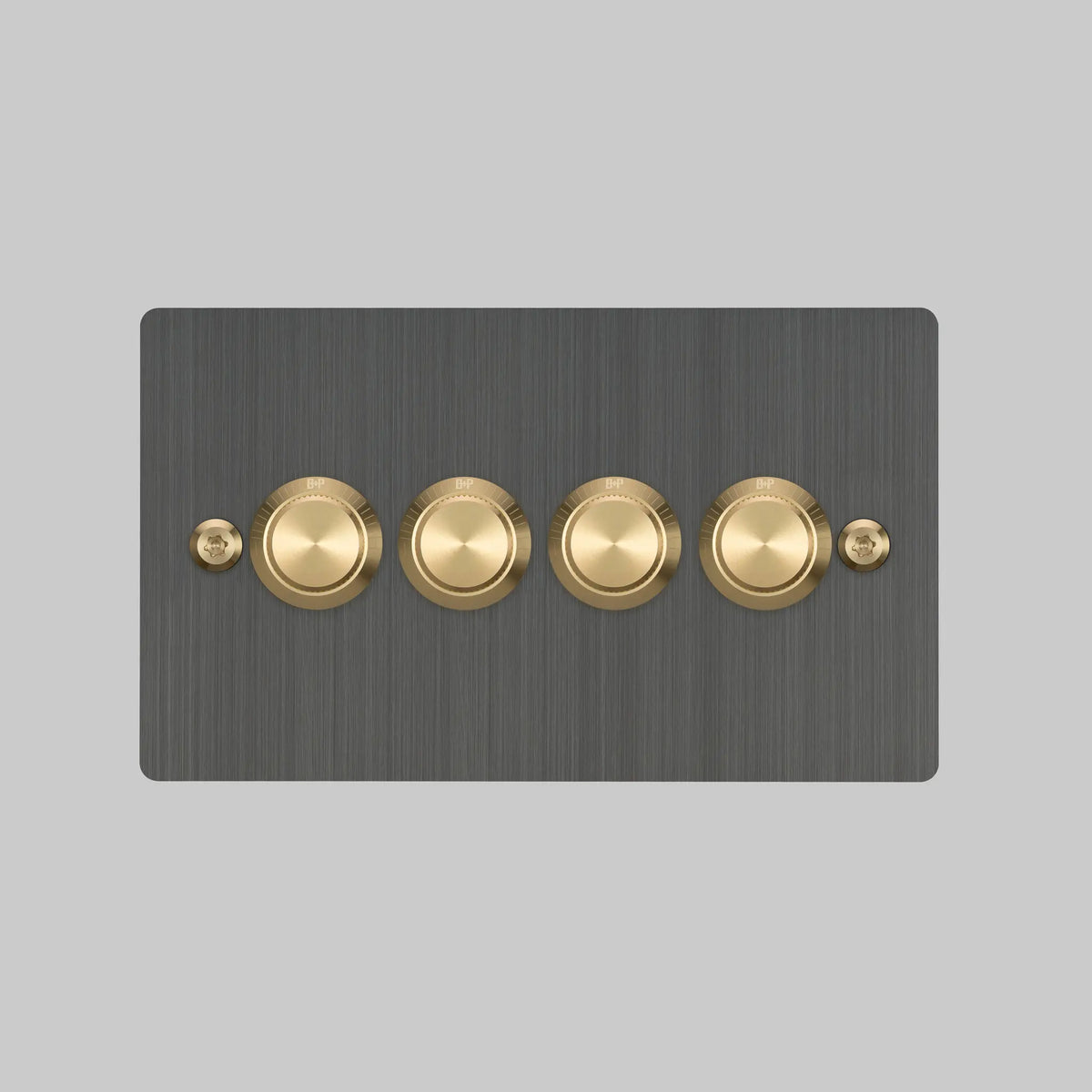Four Gang 2 Way Dimmer Light Switch in Smoked Bronze with Brass Linear Knurled Knobs