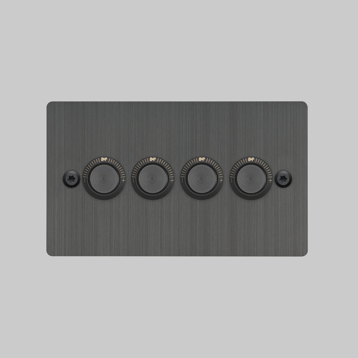 Four gang dimmer switch in brushed bronze with black knobs