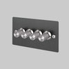 Four Gang 2 Way Dimmer Light Switch in Smoked Bronze with Steel Linear Knurled Knobs