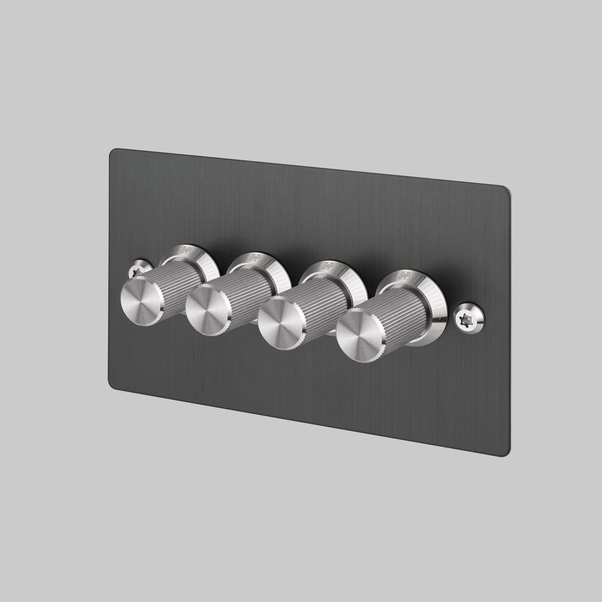 Buster and Punch four gang two way dimmer light switch in smoked bronze with steel linear knurled knobs