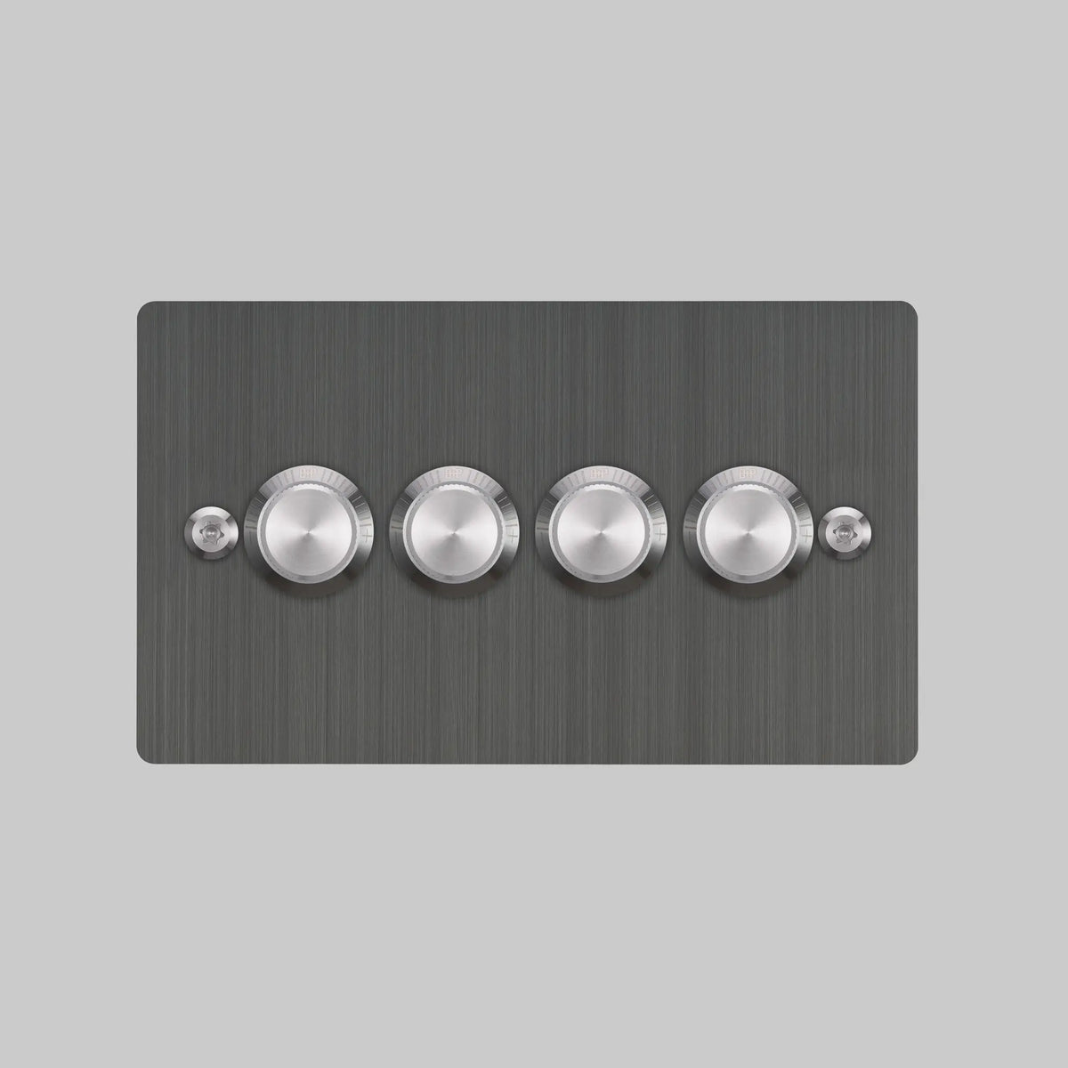 Four Gang 2 Way Dimmer Light Switch in Smoked Bronze with Steel Linear Knurled Knobs