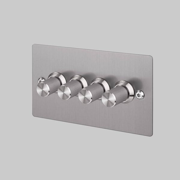 Brushed stainless steel 4-gang dimmer switch with knurled knobs