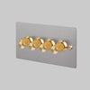 Four Gang 2 Way Dimmer Light Switch in Steel with Brass Linear Knurled Knobs