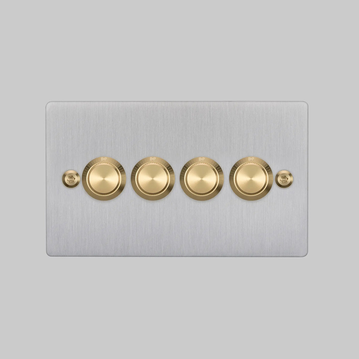 Four Gang 2 Way Dimmer Light Switch in Steel with Brass Linear Knurled Knobs