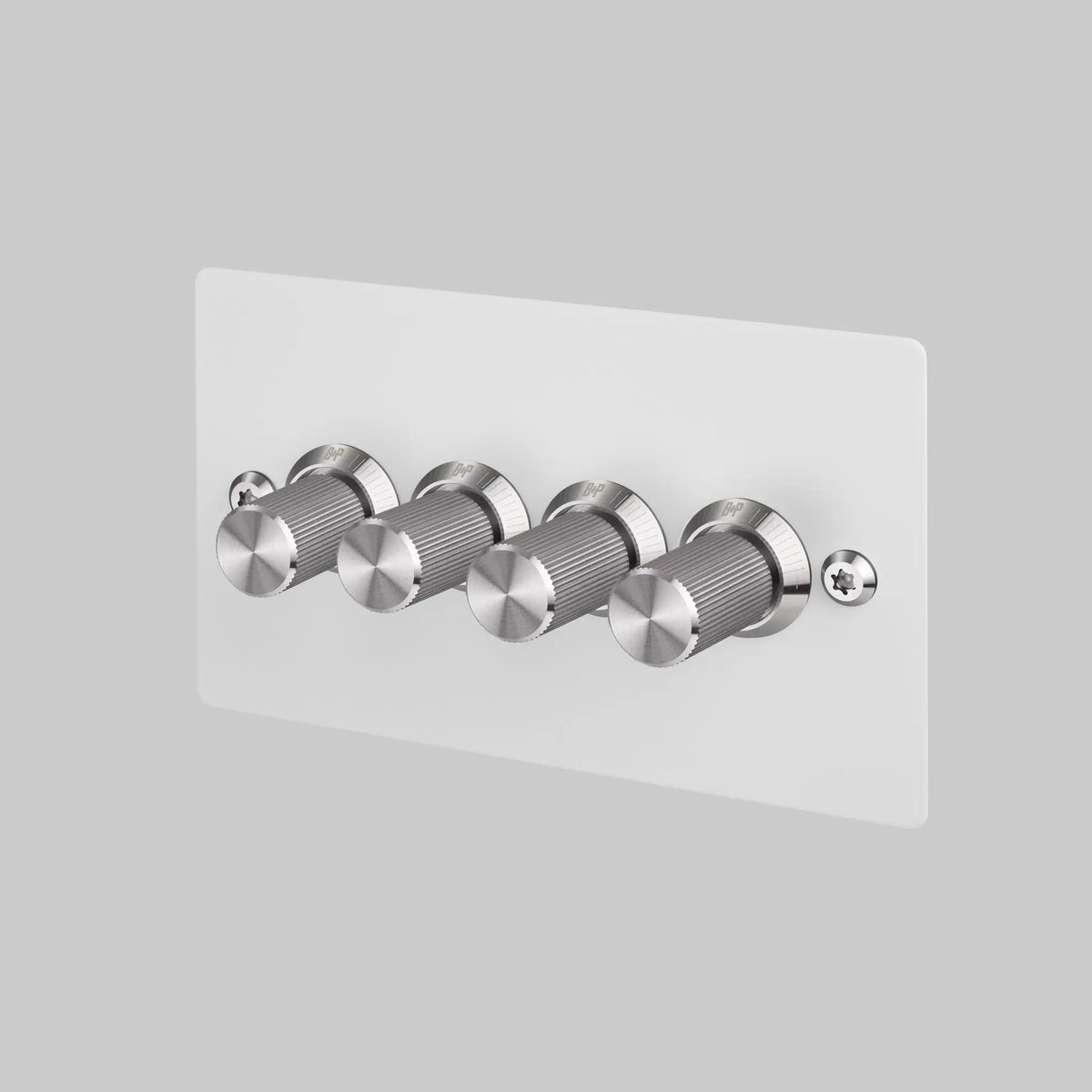Four Gang 2 Way Dimmer Light Switch in White with Steel Linear Knurled Knobs