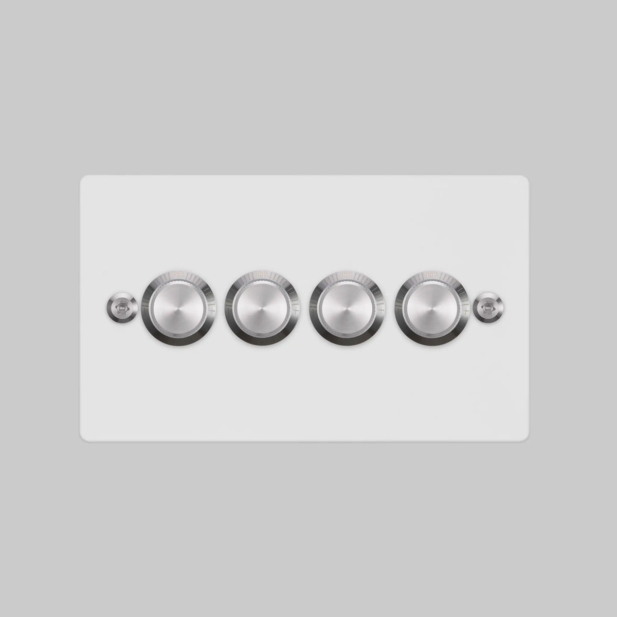 Four Gang 2 Way Dimmer Light Switch in White with Steel Linear Knurled Knobs