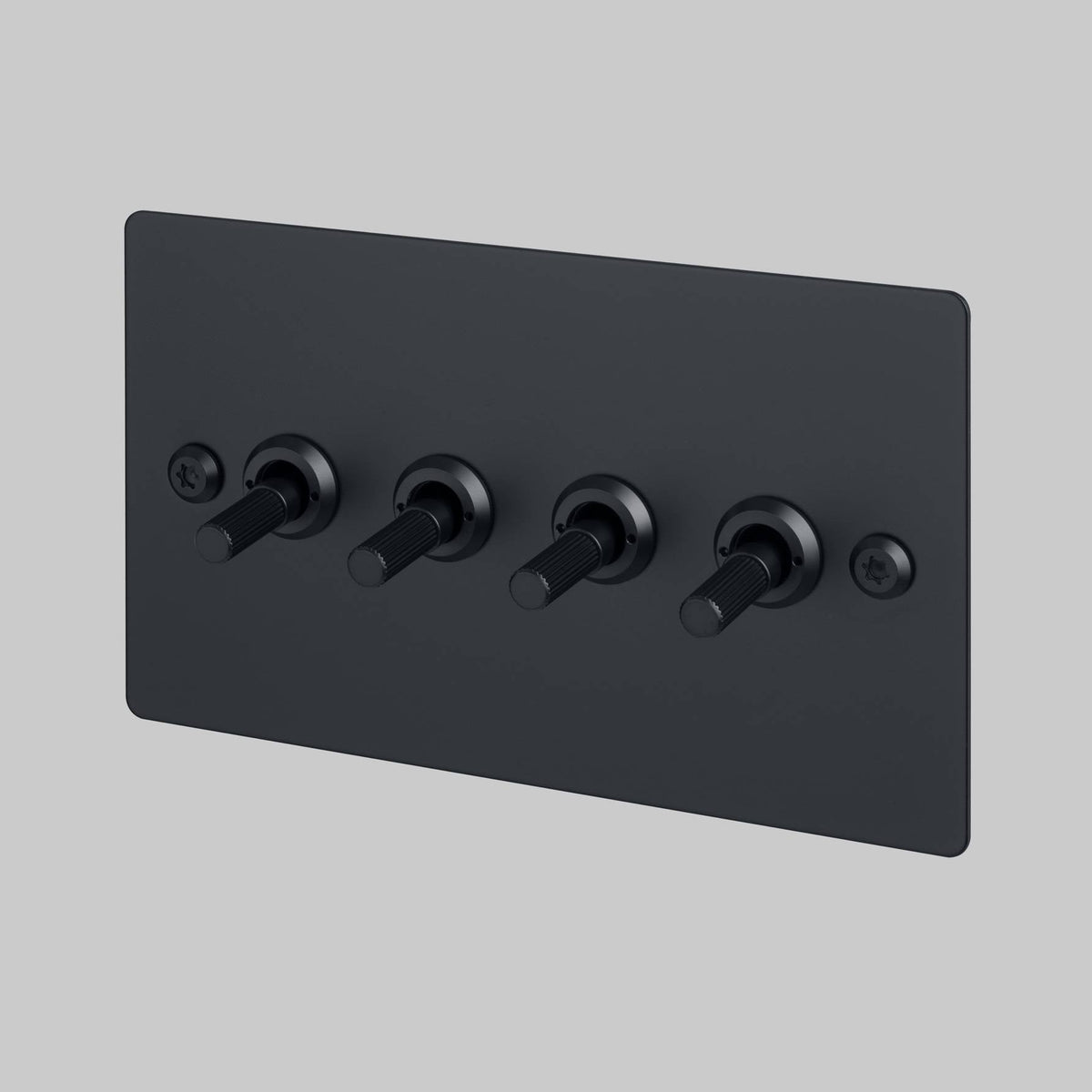 Four Gang 2 Way Light Switch in Black with Linear Knurled Toggles