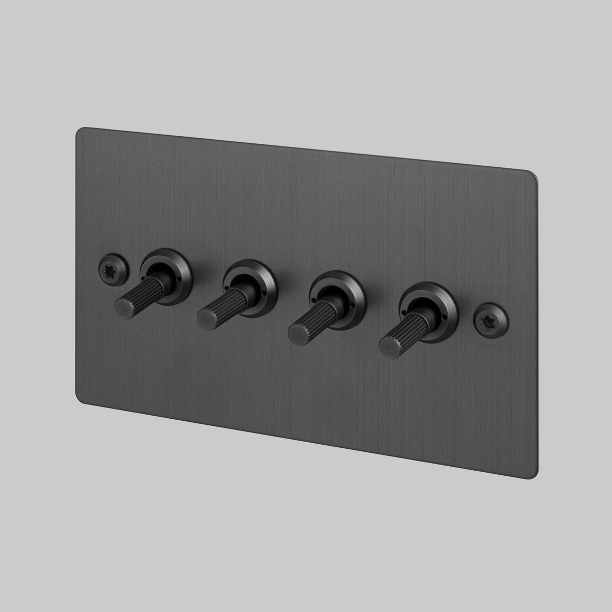 Four Gang 2 Way Light Switch in Smoked Bronze with Linear Knurled Toggles