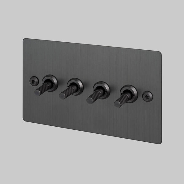Four Gang 2 Way Light Switch in Smoked Bronze with Linear Knurled Toggles