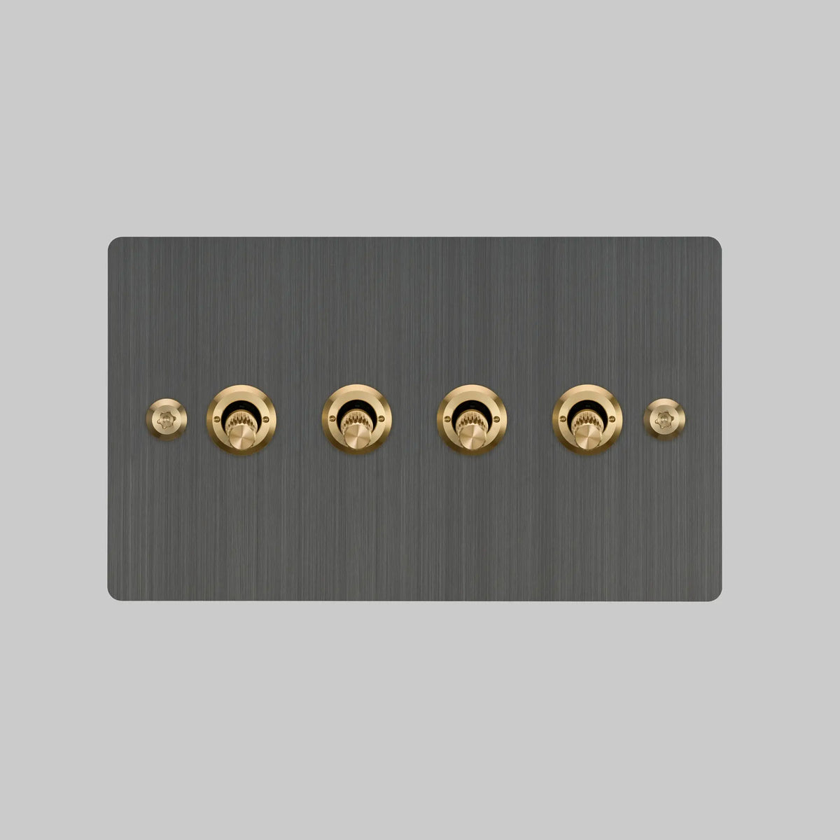 Four Gang 2 Way Light Switch in Smoked Bronze with Brass Linear Knurled Toggles