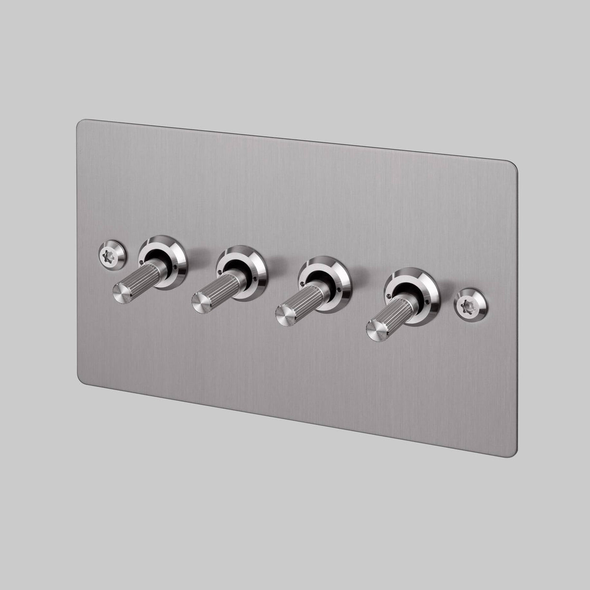 Four Gang 2 Way Light Switch in Steel with Linear Knurled Toggles