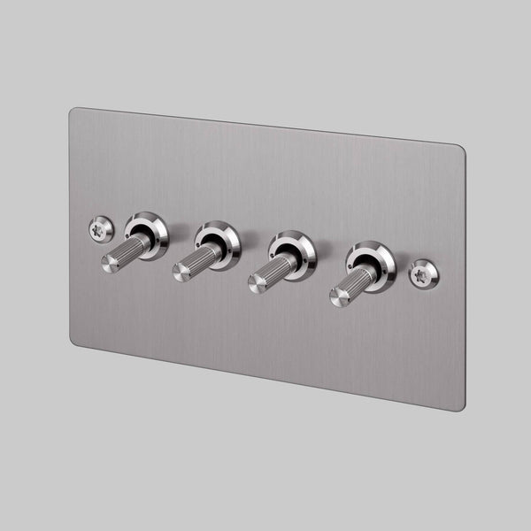Four Gang 2 Way Light Switch in Steel with Linear Knurled Toggles