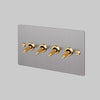 Four Gang 2 Way Light Switch in Steel with Brass Linear Knurled Toggles