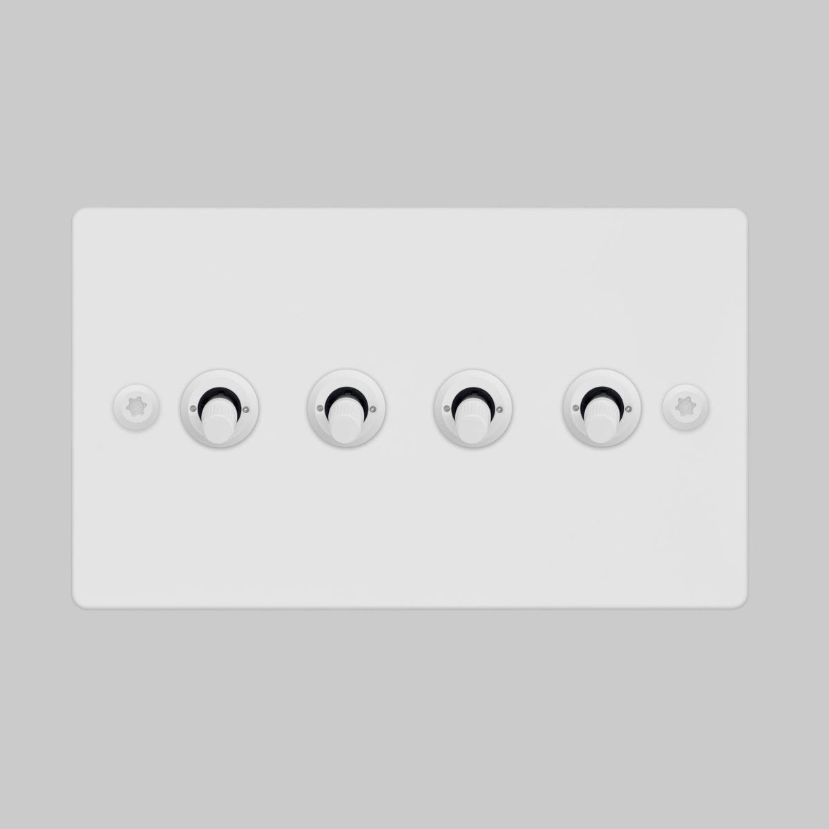 Four Gang 2 Way Light Switch in White with Linear Knurled Toggles