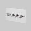Four Gang 2 Way Light Switch in White with Steel Linear Knurled Toggles