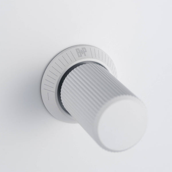 Close up of a white volume knob with the B&P logo on a white surface
