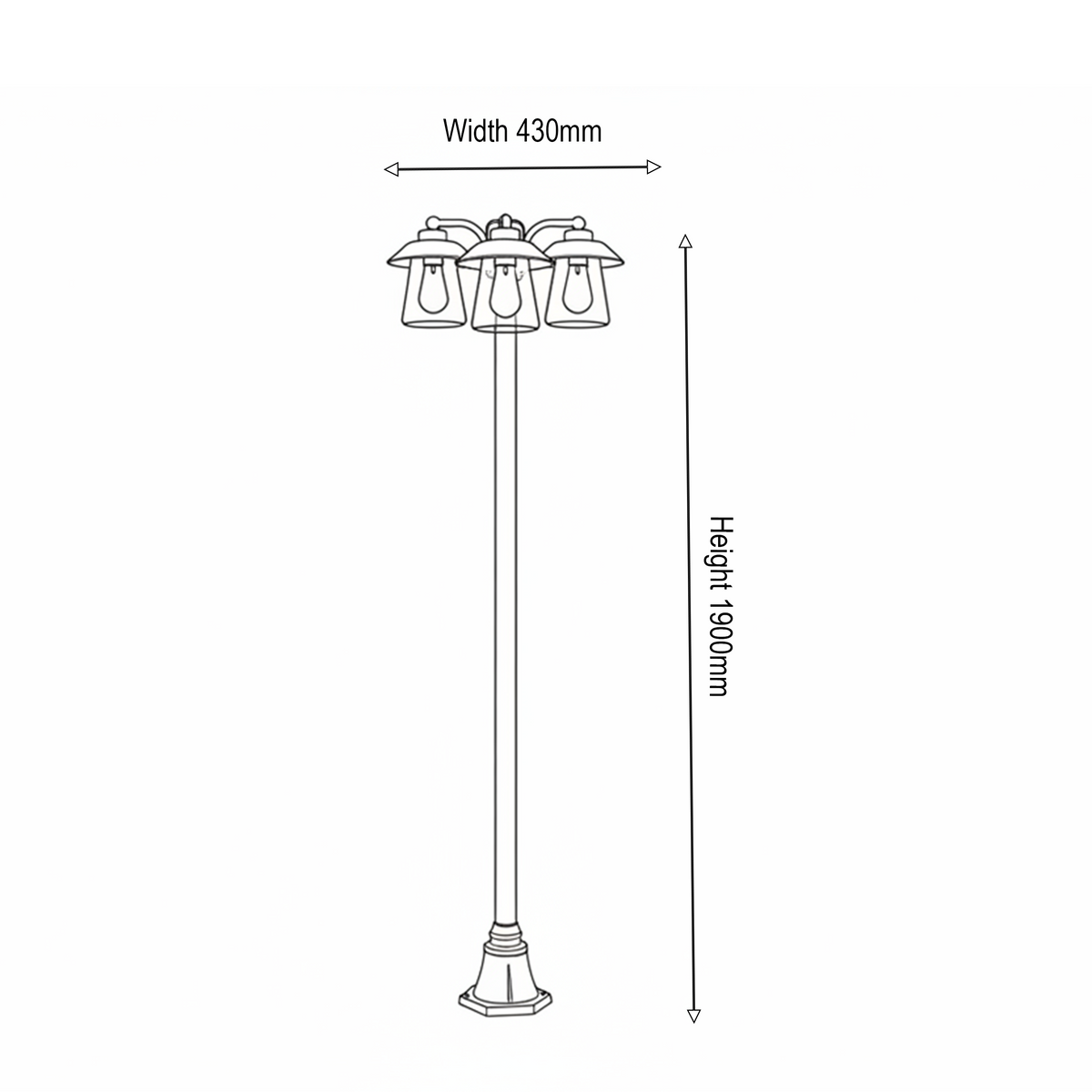 Line drawing of a triple-head lamp post with dimensions: 430mm width, 1900mm height. 