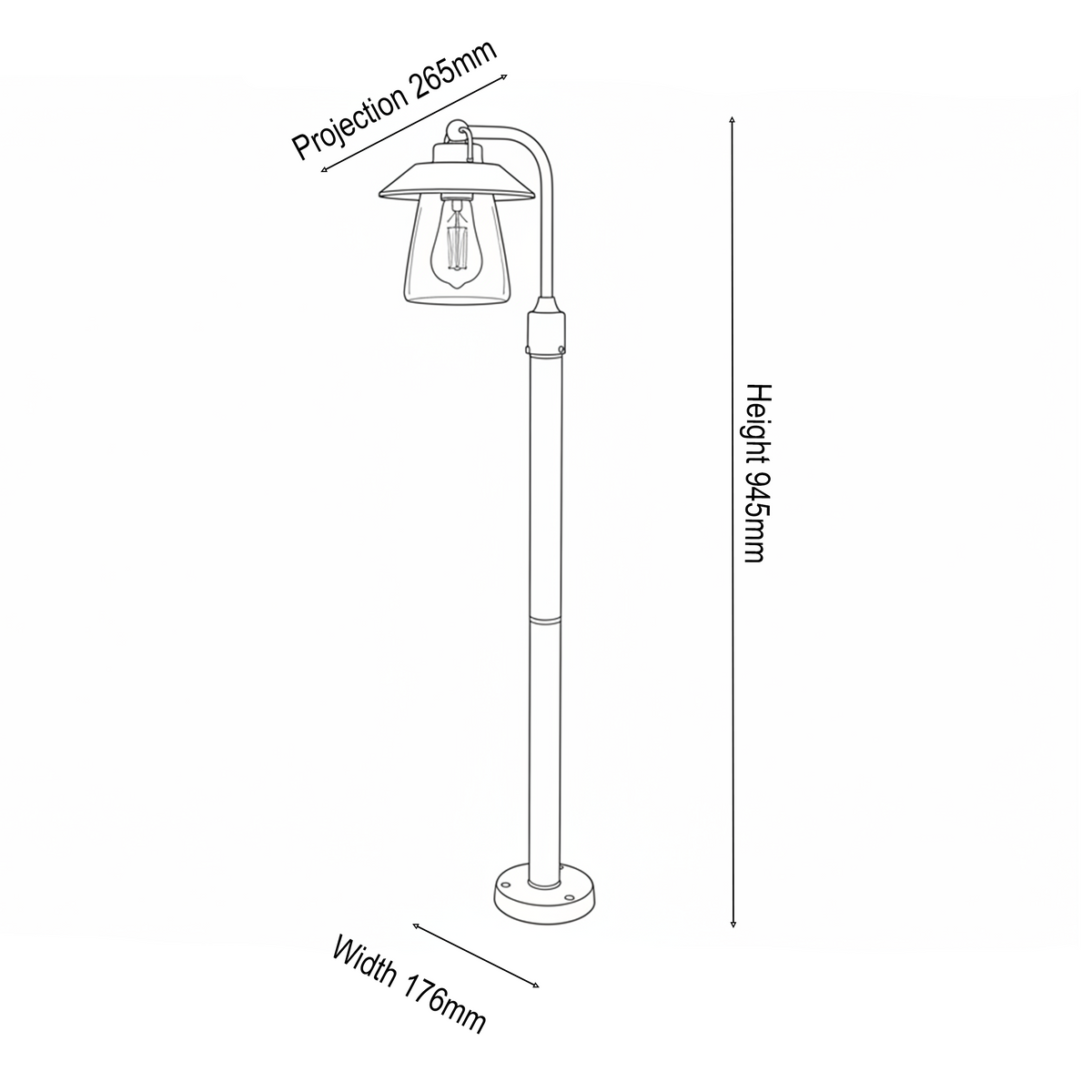 Technical drawing of a lamp post with dimensions: height 945mm, width 176mm, and projection 265mm. 