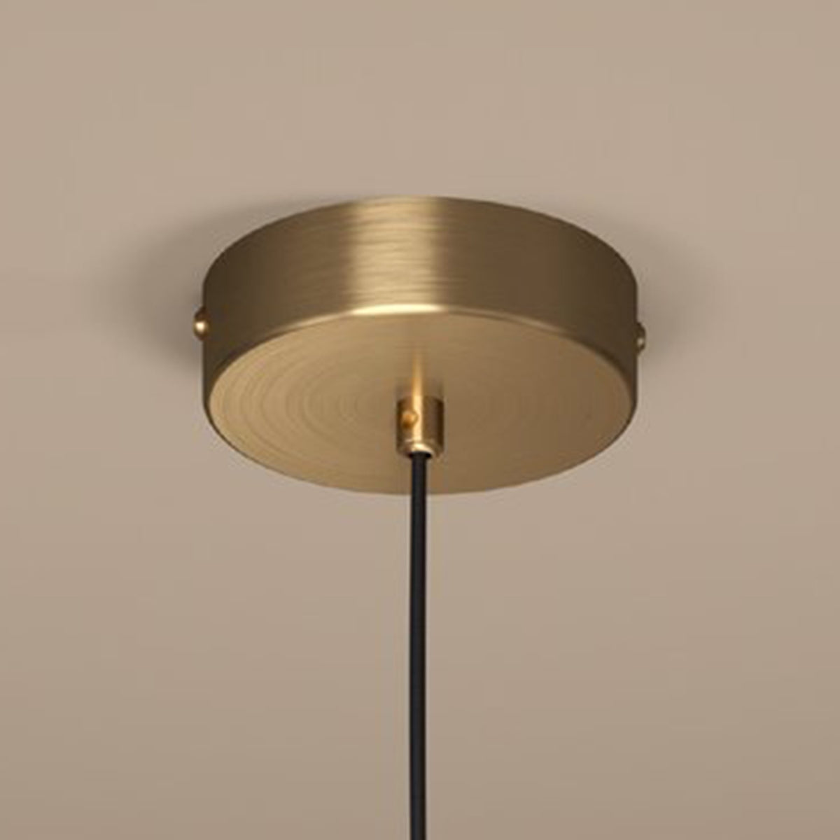 A close-up of a brass ceiling rose with a black cable extending downwards.