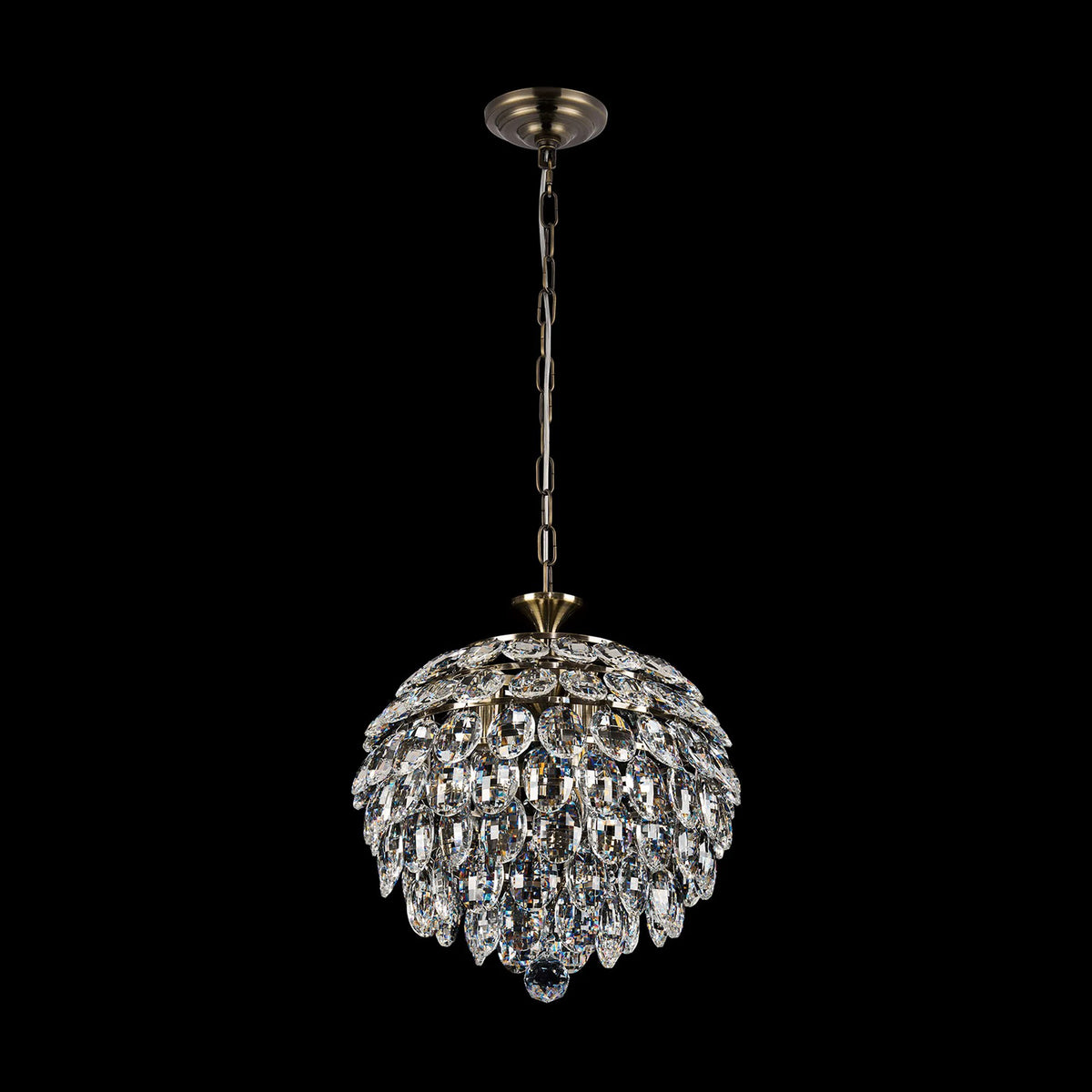 Coniston 3 Light Clear Crystal Pendant Light in Antique Brass