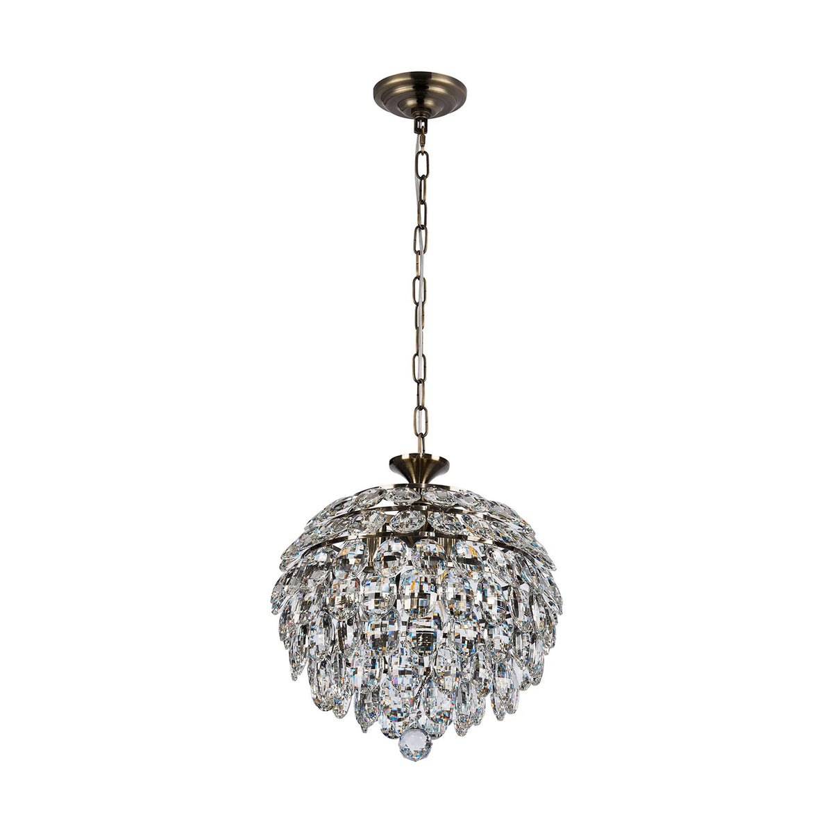 Coniston 3 Light Clear Crystal Pendant Light in Antique Brass