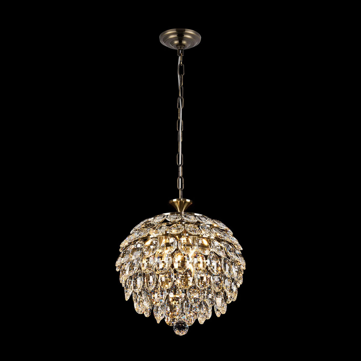 Coniston 3 Light Clear Crystal Pendant Light in Antique Brass