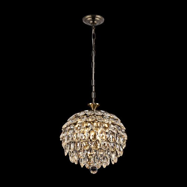 Coniston 3 Light Clear Crystal Pendant Light in Antique Brass
