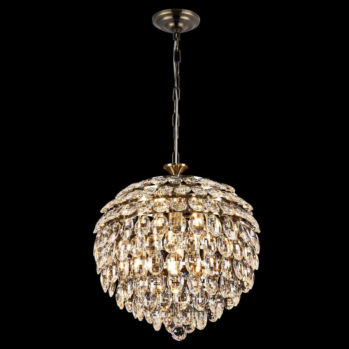 Coniston 6 Light Clear Crystal Pendant Light in Antique Brass