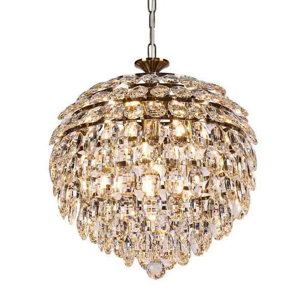 Coniston 6 Light Clear Crystal Pendant Light in Antique Brass