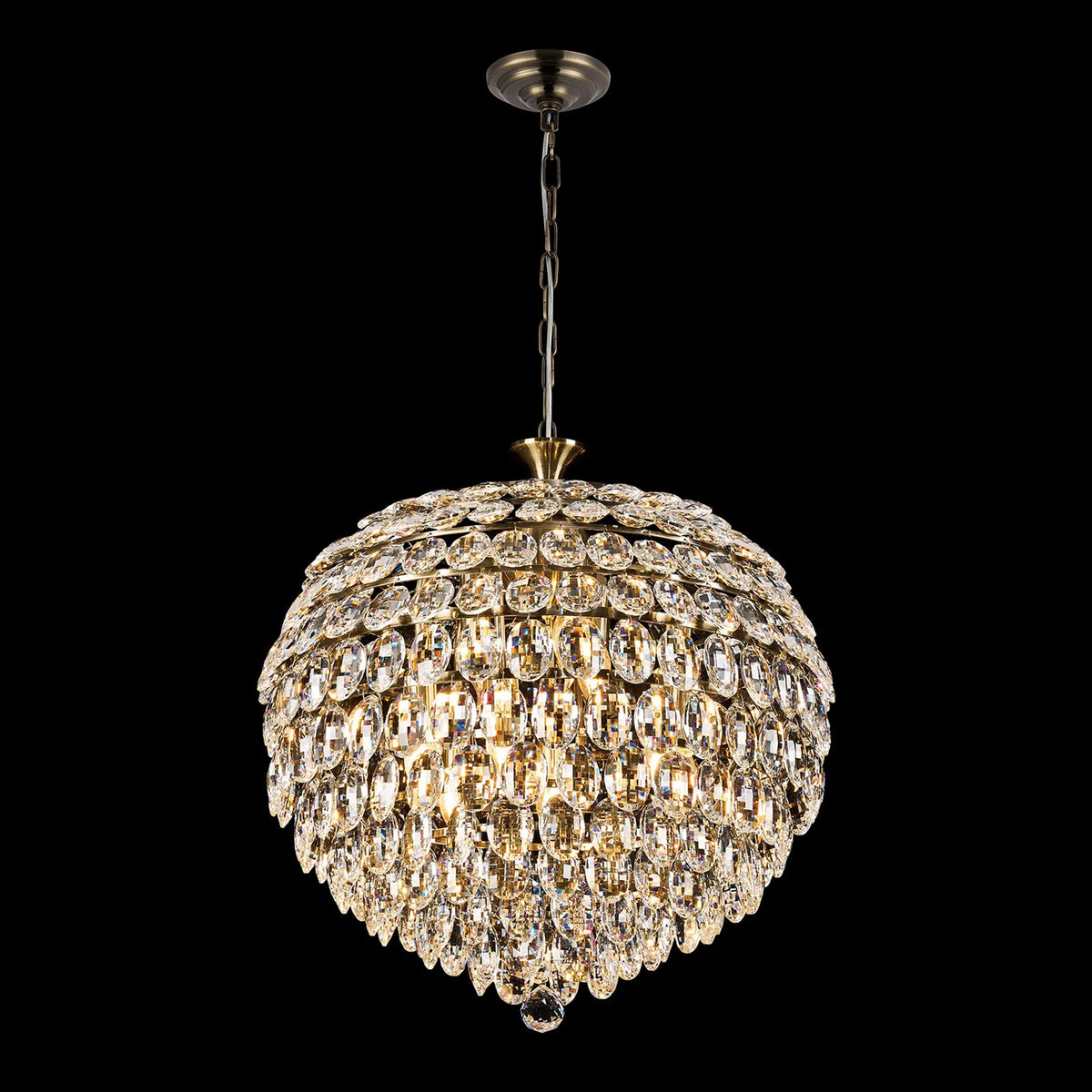 Coniston 9 Light Clear Crystal Pendant Light in Antique Brass