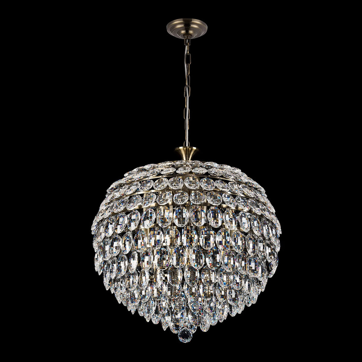 Coniston 9 Light Clear Crystal Pendant Light in Antique Brass