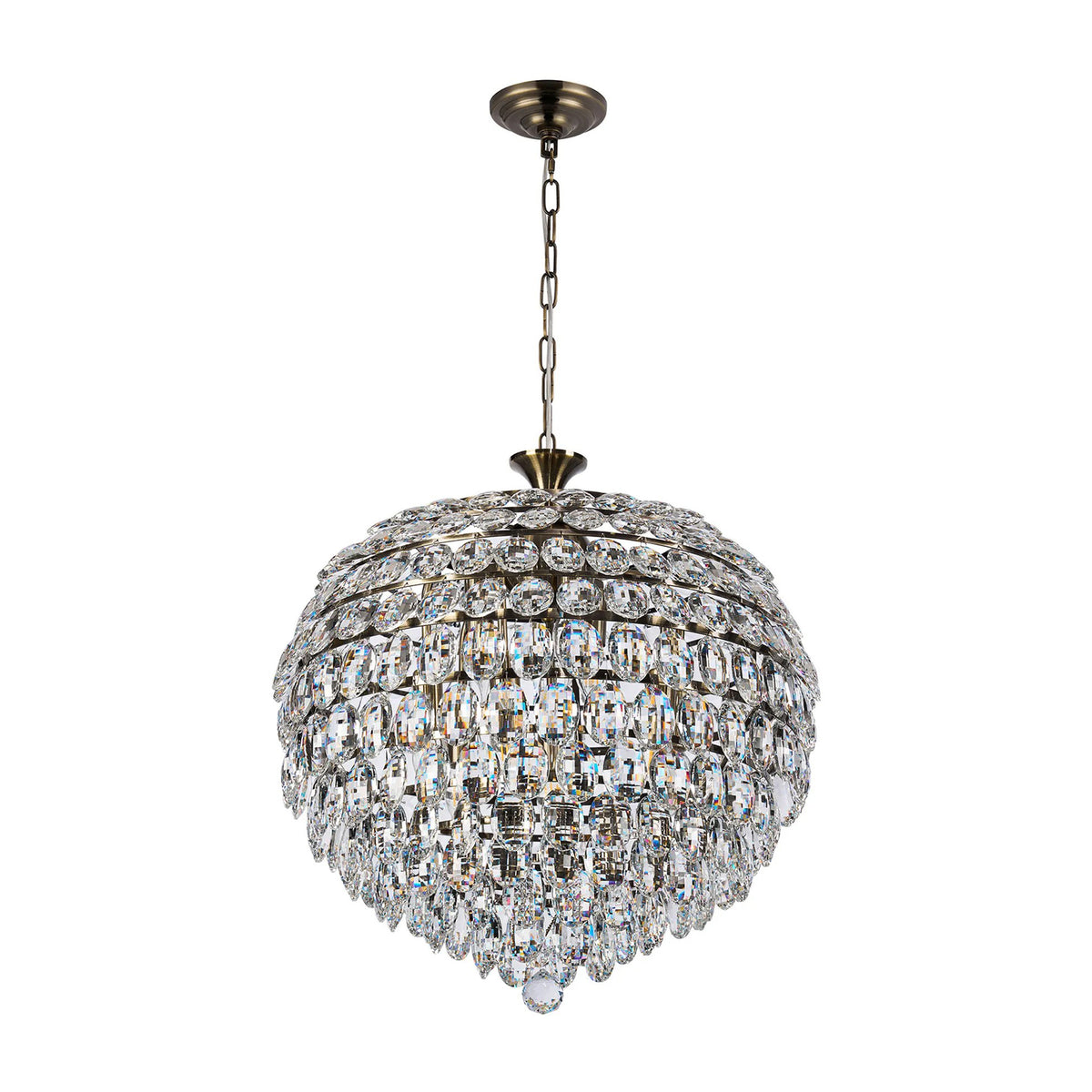 Coniston 9 Light Clear Crystal Pendant Light in Antique Brass