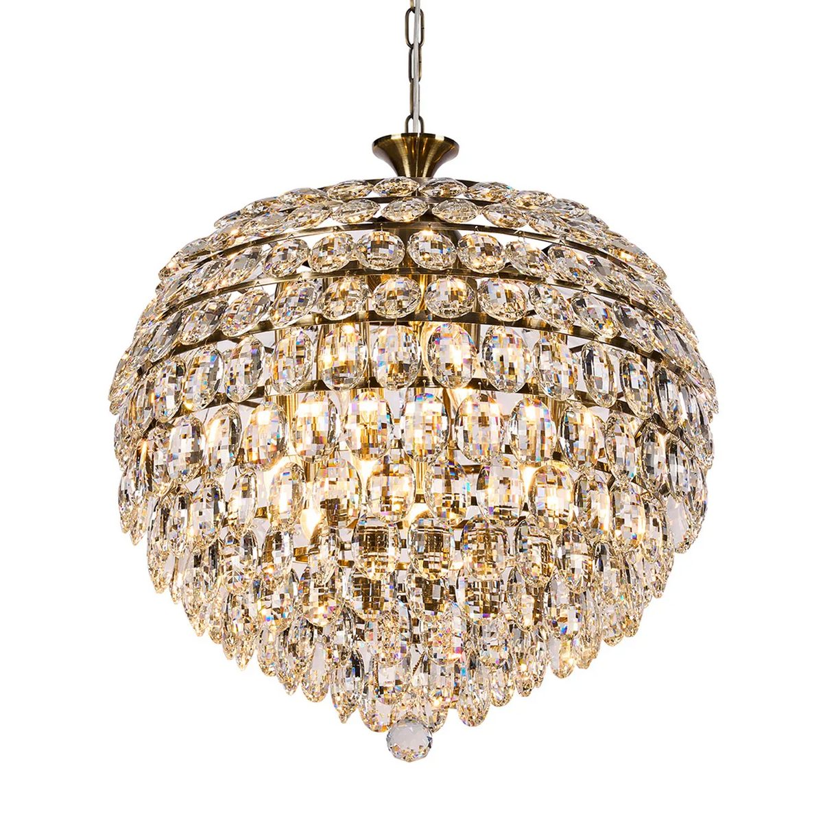 Coniston 9 Light Clear Crystal Pendant Light in Antique Brass