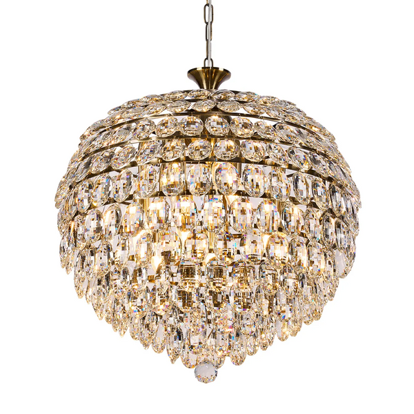 Coniston 9 Light Clear Crystal Pendant Light in Antique Brass