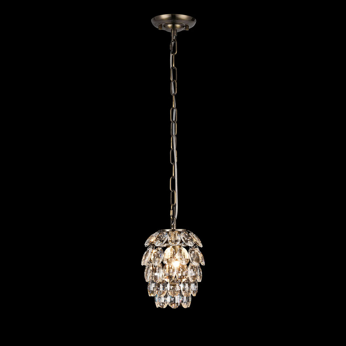 Coniston 1 Light Clear Crystal Pendant in Antique Brass