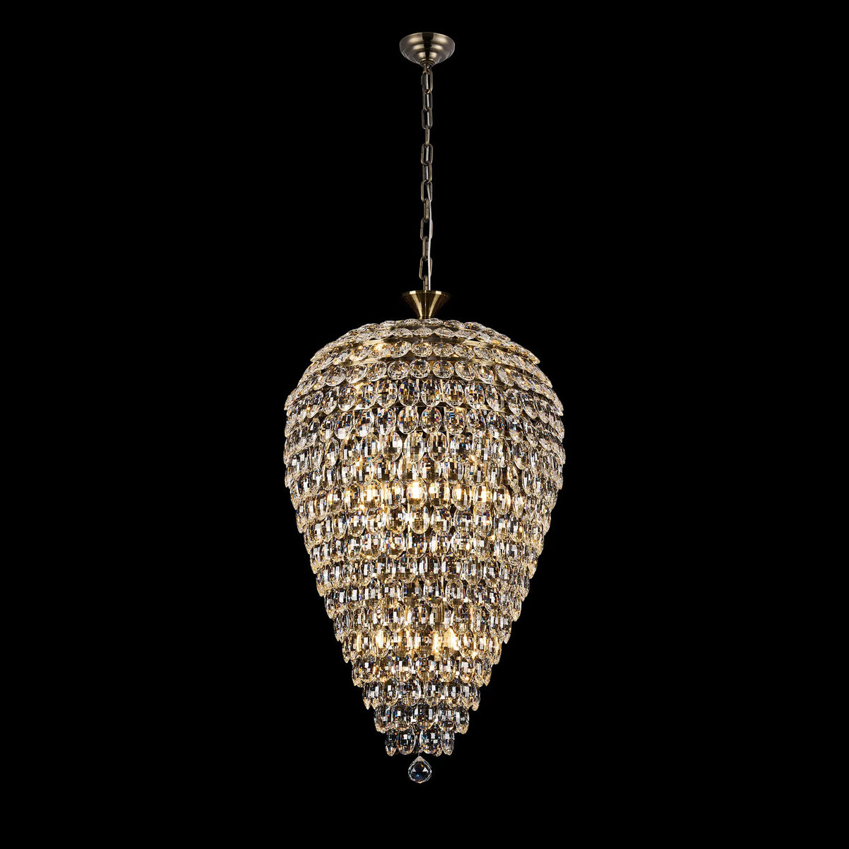 Coniston 16 Light Clear Crystal Acorn Pendant Light in Antique Brass