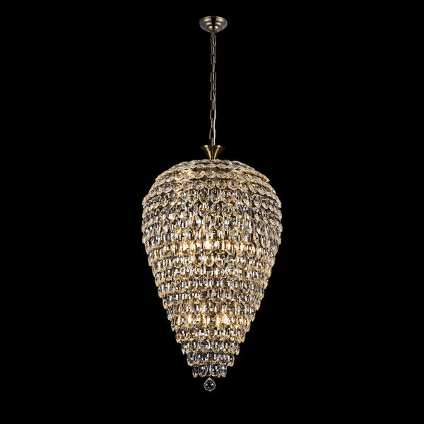 Coniston 16 Light Clear Crystal Acorn Pendant Light in Antique Brass