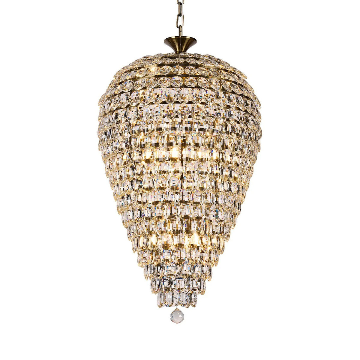 Coniston 16 Light Clear Crystal Acorn Pendant Light in Antique Brass