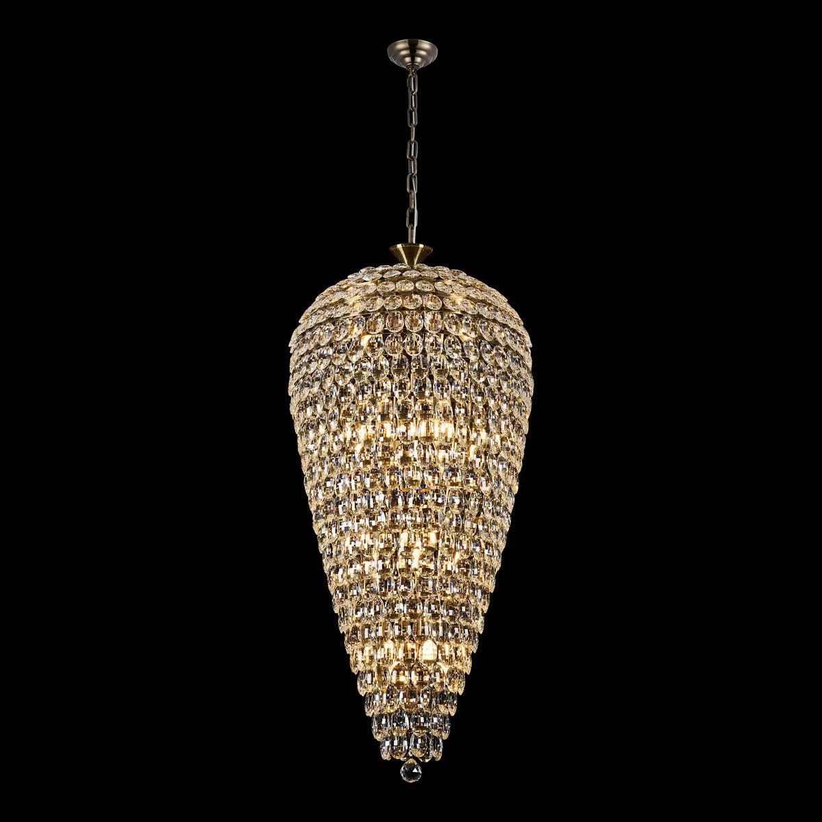Coniston 20 Light Clear Crystal Tall Acorn Pendant in Antique Brass