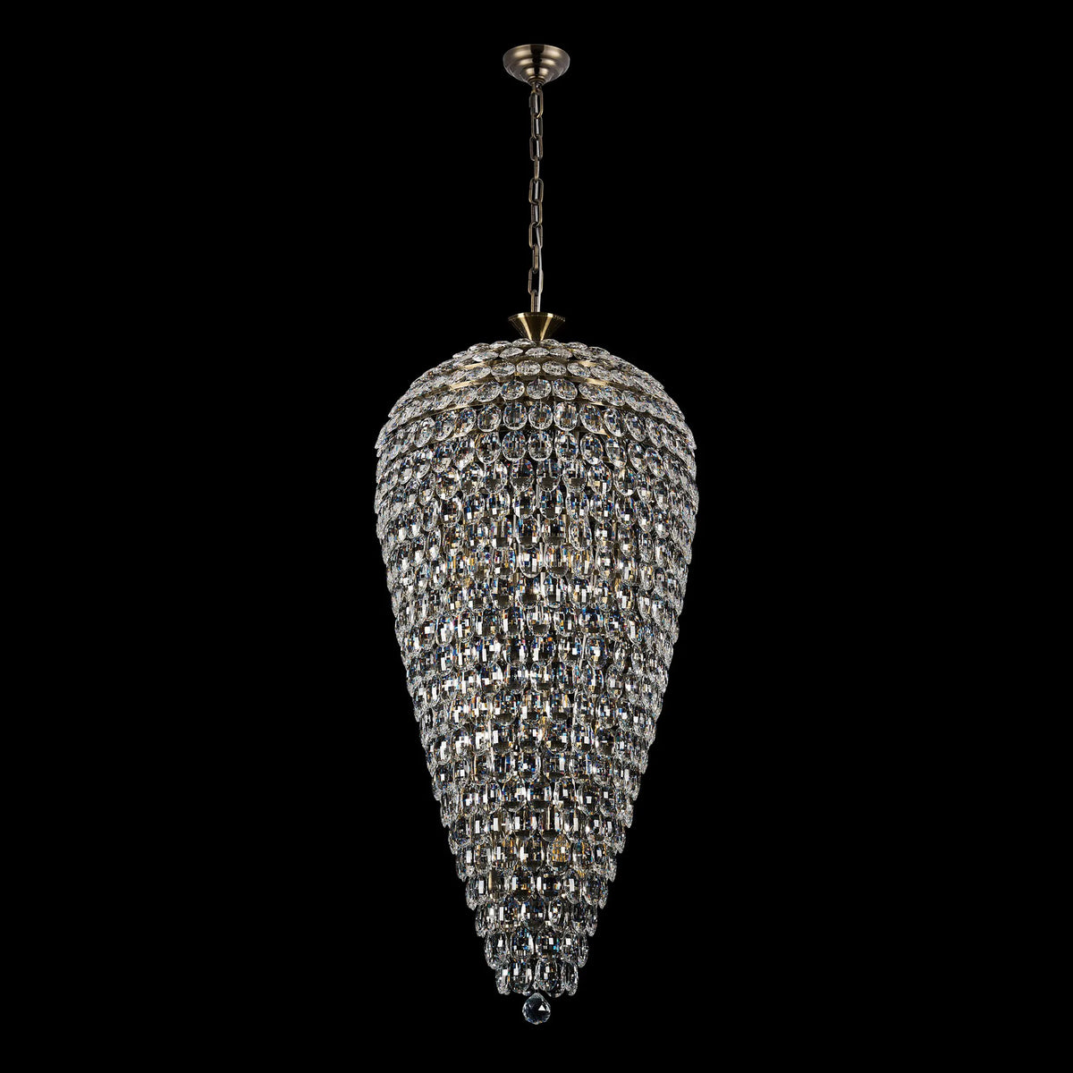 Coniston 20 Light Clear Crystal Tall Acorn Pendant in Antique Brass