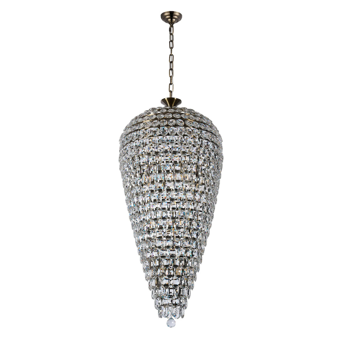 Coniston 20 Light Clear Crystal Tall Acorn Pendant in Antique Brass