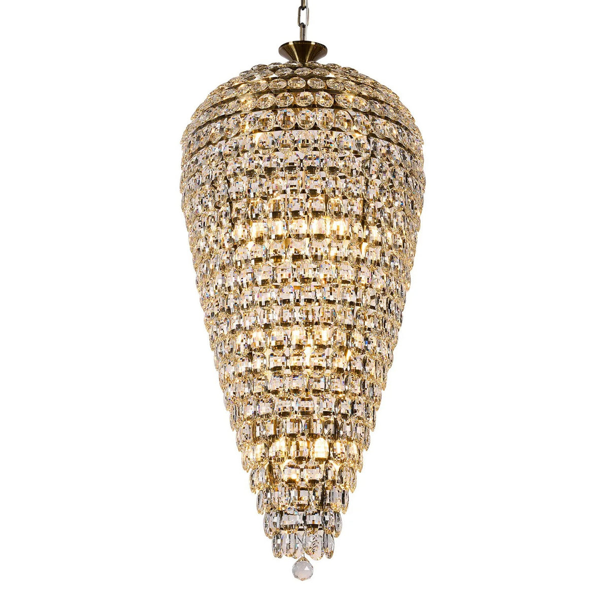 Coniston 20 Light Clear Crystal Tall Acorn Pendant in Antique Brass