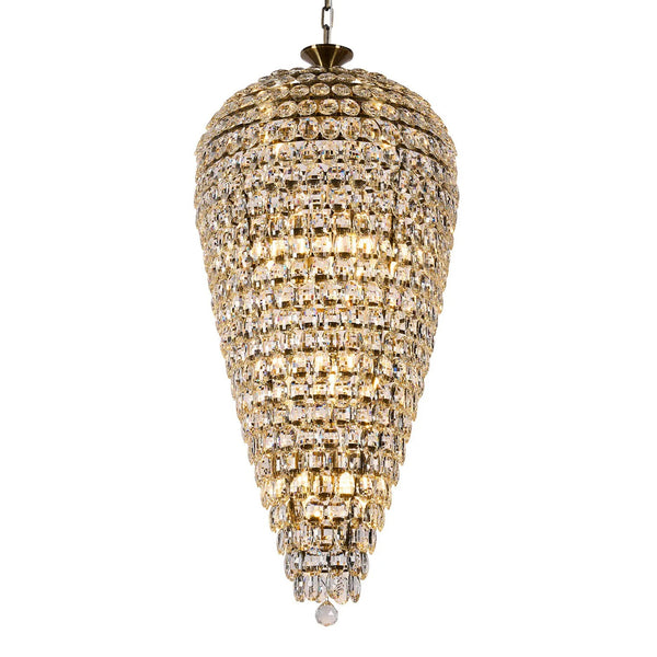 Coniston 20 Light Clear Crystal Tall Acorn Pendant in Antique Brass