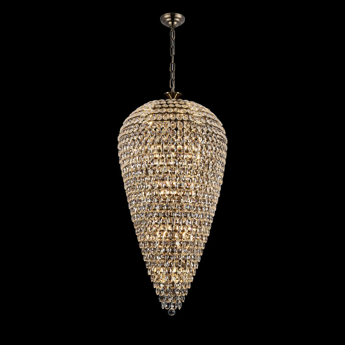 Coniston 25 Light Clear Crystal Tall Acorn Pendant in Antique Brass