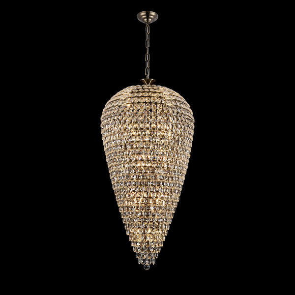 Coniston 25 Light Clear Crystal Tall Acorn Pendant in Antique Brass