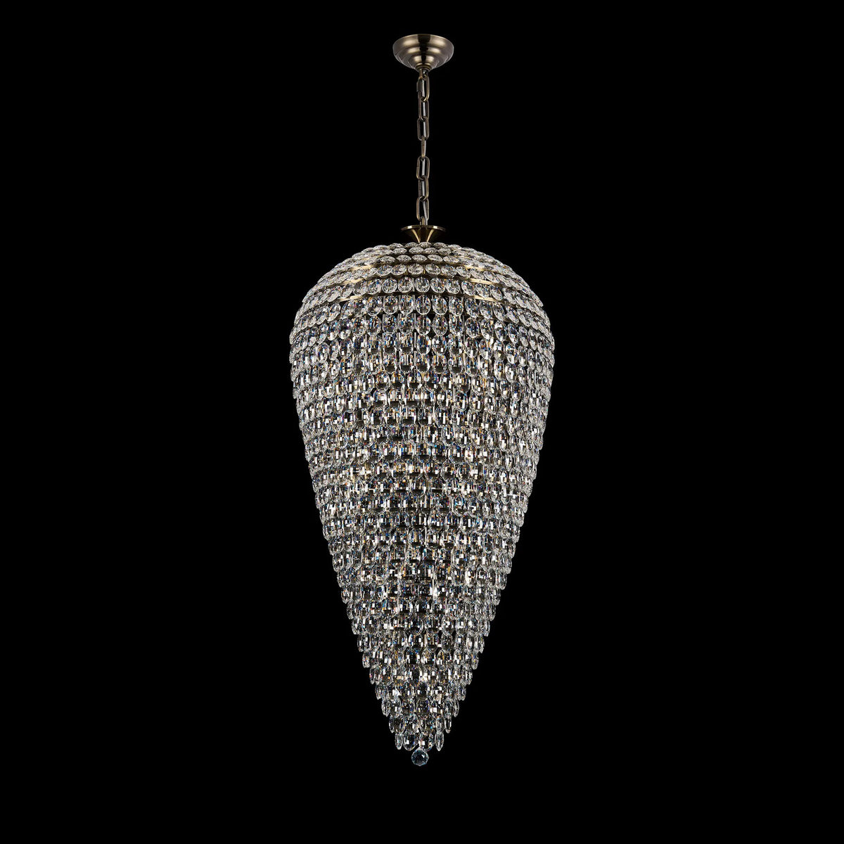 Coniston 25 Light Clear Crystal Tall Acorn Pendant in Antique Brass