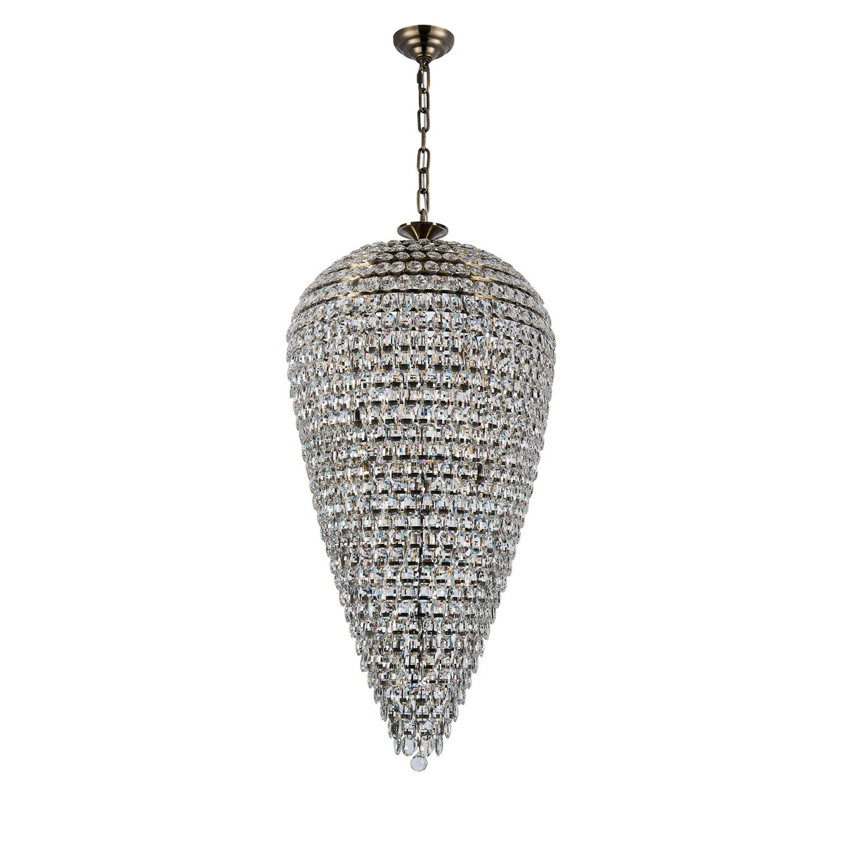 Coniston 25 Light Clear Crystal Tall Acorn Pendant in Antique Brass