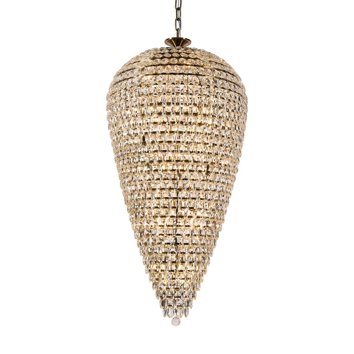 Coniston 25 Light Clear Crystal Tall Acorn Pendant in Antique Brass