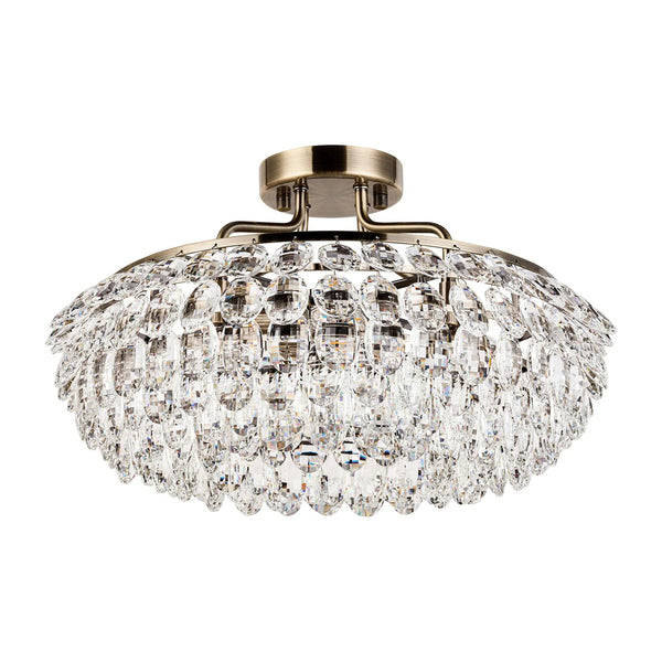 Coniston 4 Light Semi Flush Ring Ceiling Light in Antique Brass & Clear Crystal