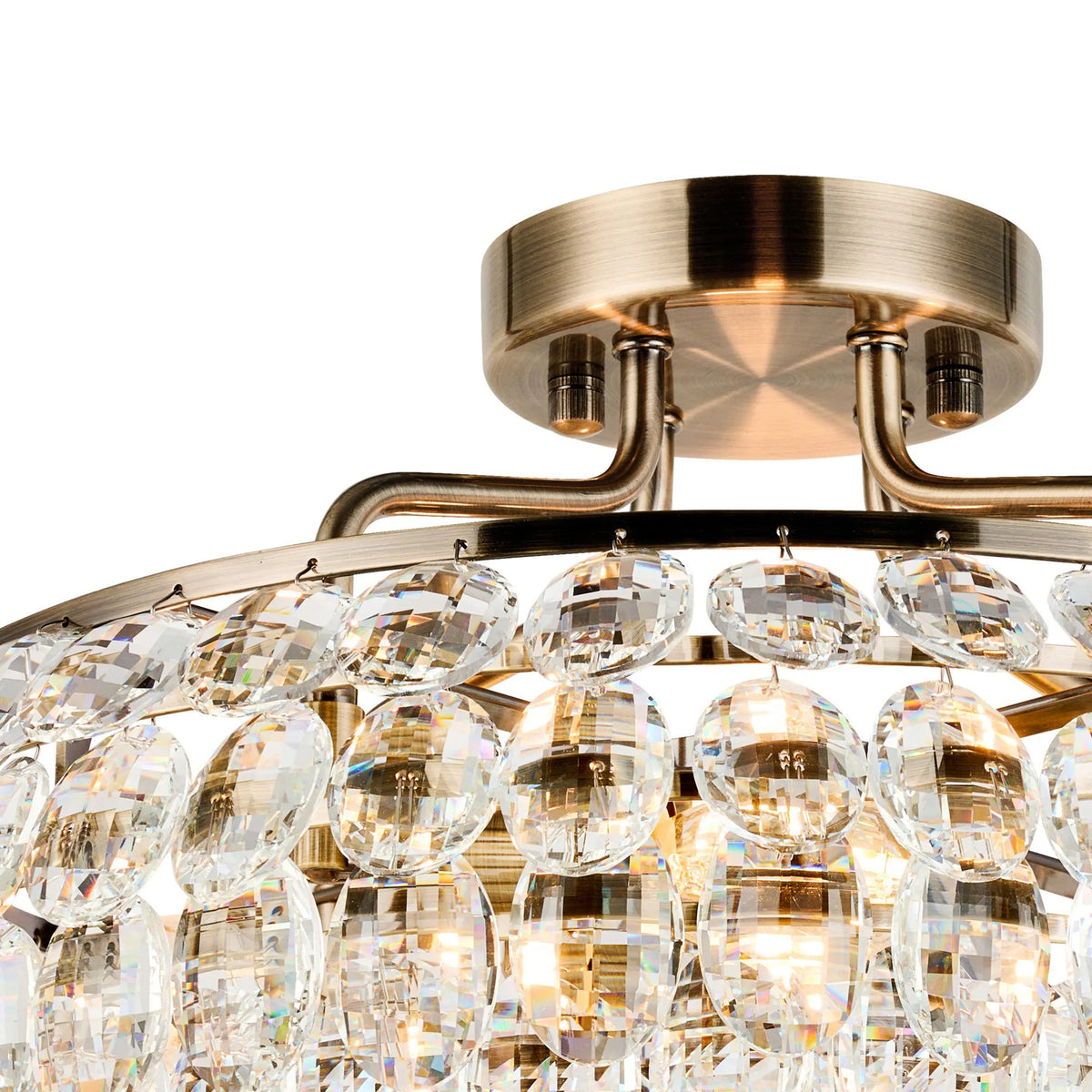 Coniston 4 Light Semi Flush Ring Ceiling Light in Antique Brass & Clear Crystal